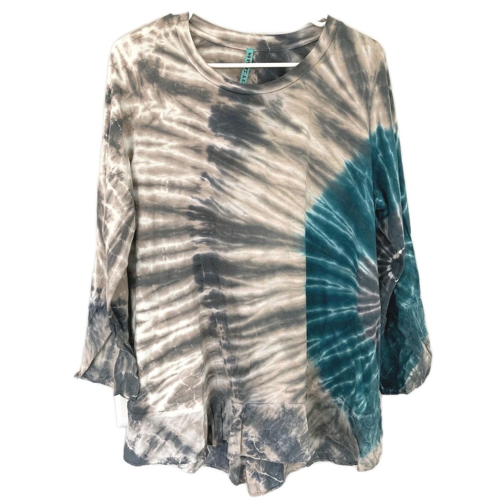 Whisper & Glow Tunic Top Women XL Teal Tie Dye 3/4 Flare Sleeve Ruffle USA NWT